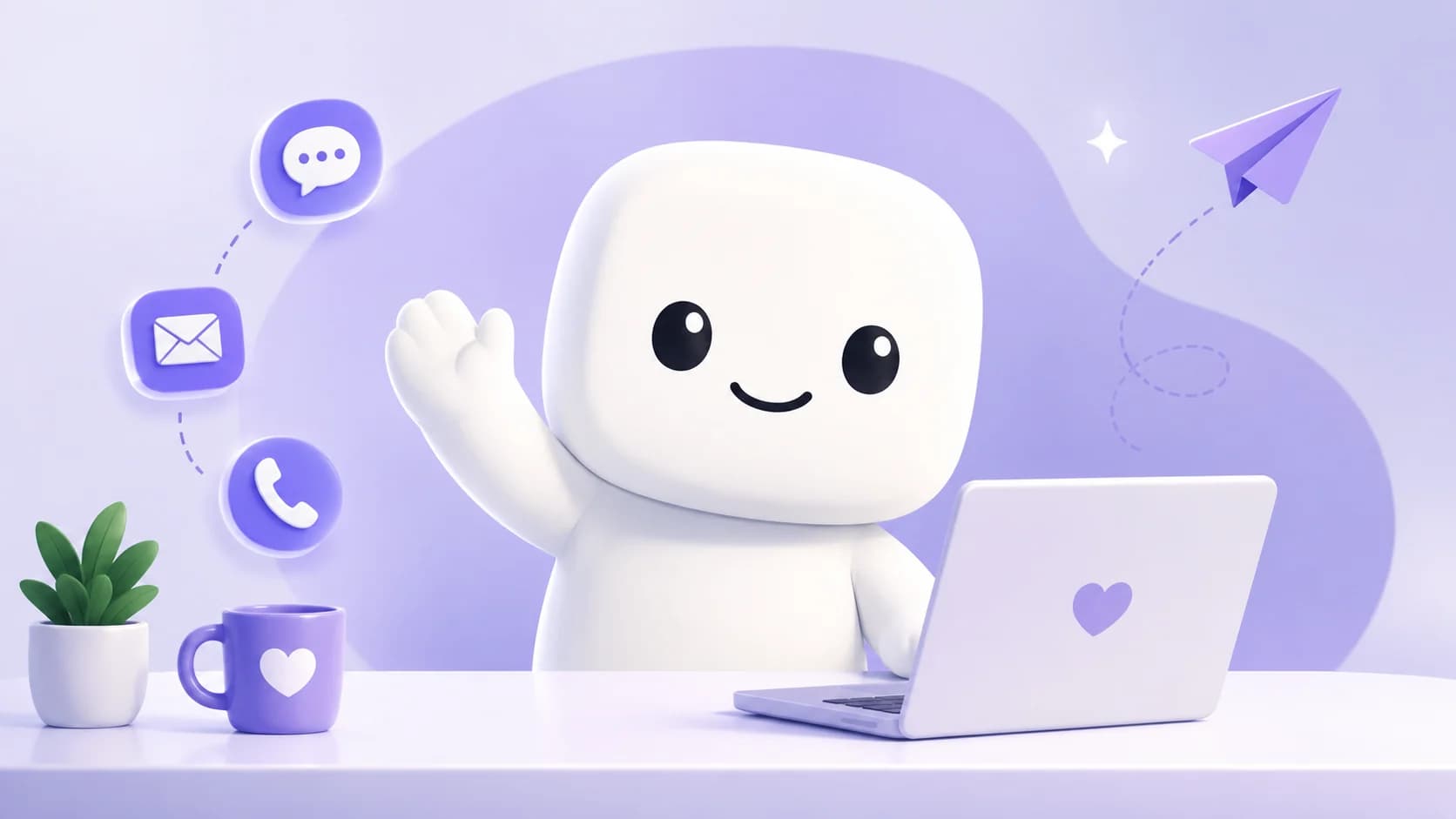 Marshmallow mascot waving from a laptop desk with contact icons