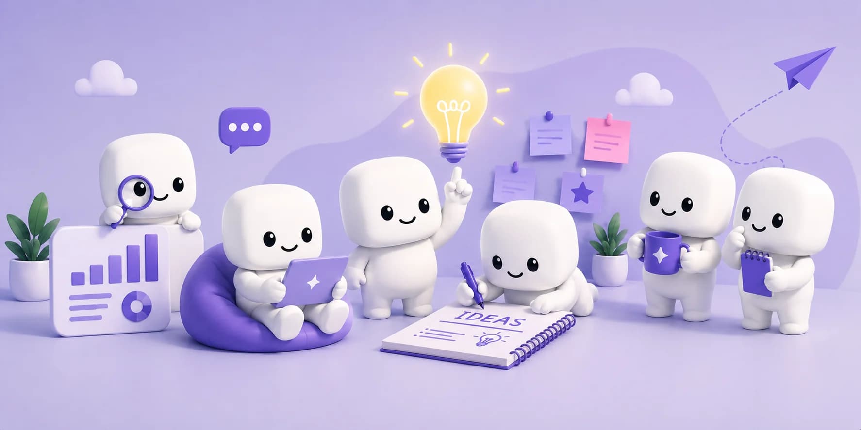 Marshmallow team collaborating around a notebook with ideas and a glowing light bulb