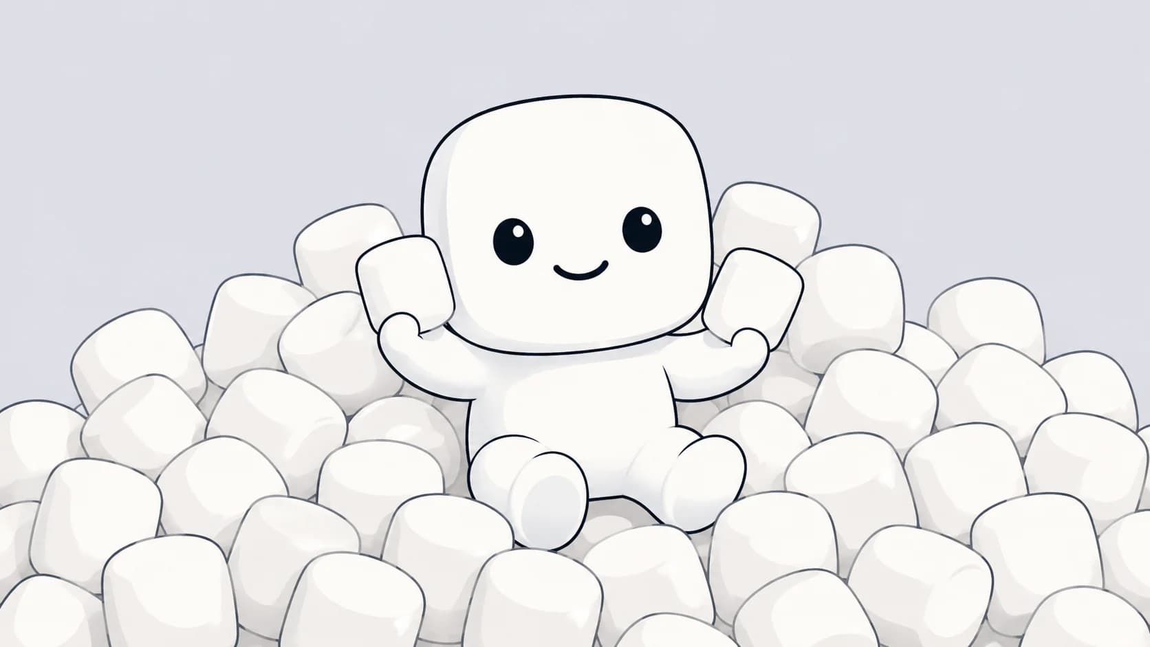 Marshmallow mascot sitting among marshmallows
